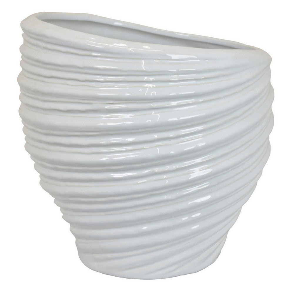 Avery Round Modern Vase, Spiral Turned Design, White Ceramic 17 Inch