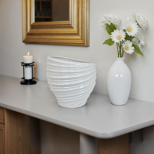 Avery Round Modern Vase, Spiral Turned Design, White Ceramic 17 Inch