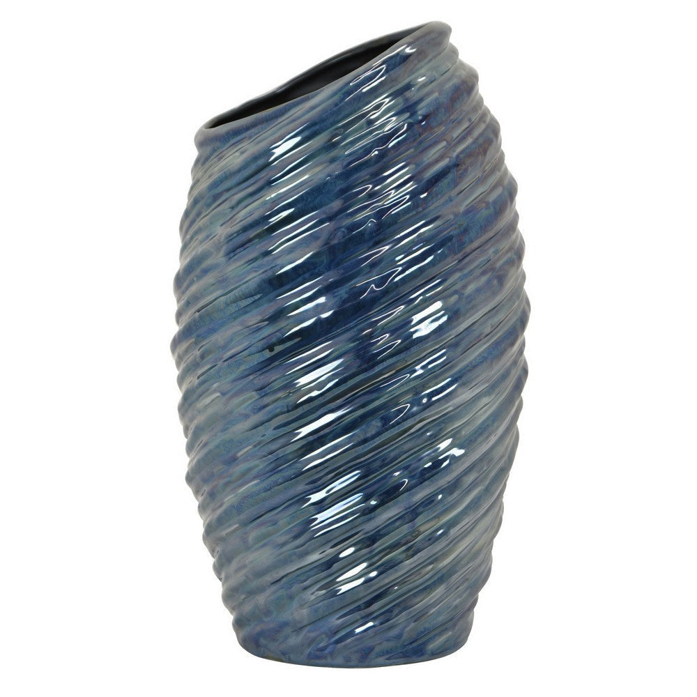 Avery Tall Modern Vase with Angled Spiral Design Blue Ceramic 17 Inch
