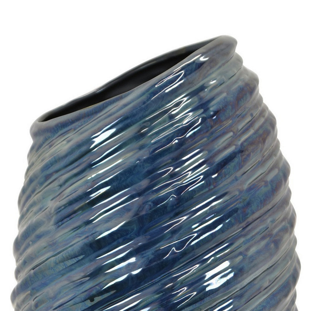 Avery Tall Modern Vase with Angled Spiral Design Blue Ceramic 17 Inch