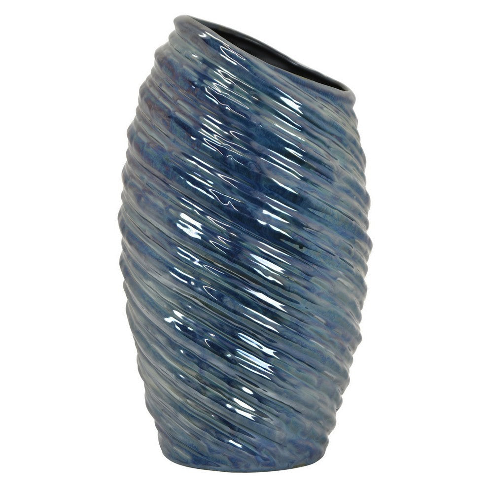 Avery Tall Modern Vase with Angled Spiral Design, Blue Ceramic 17 Inch