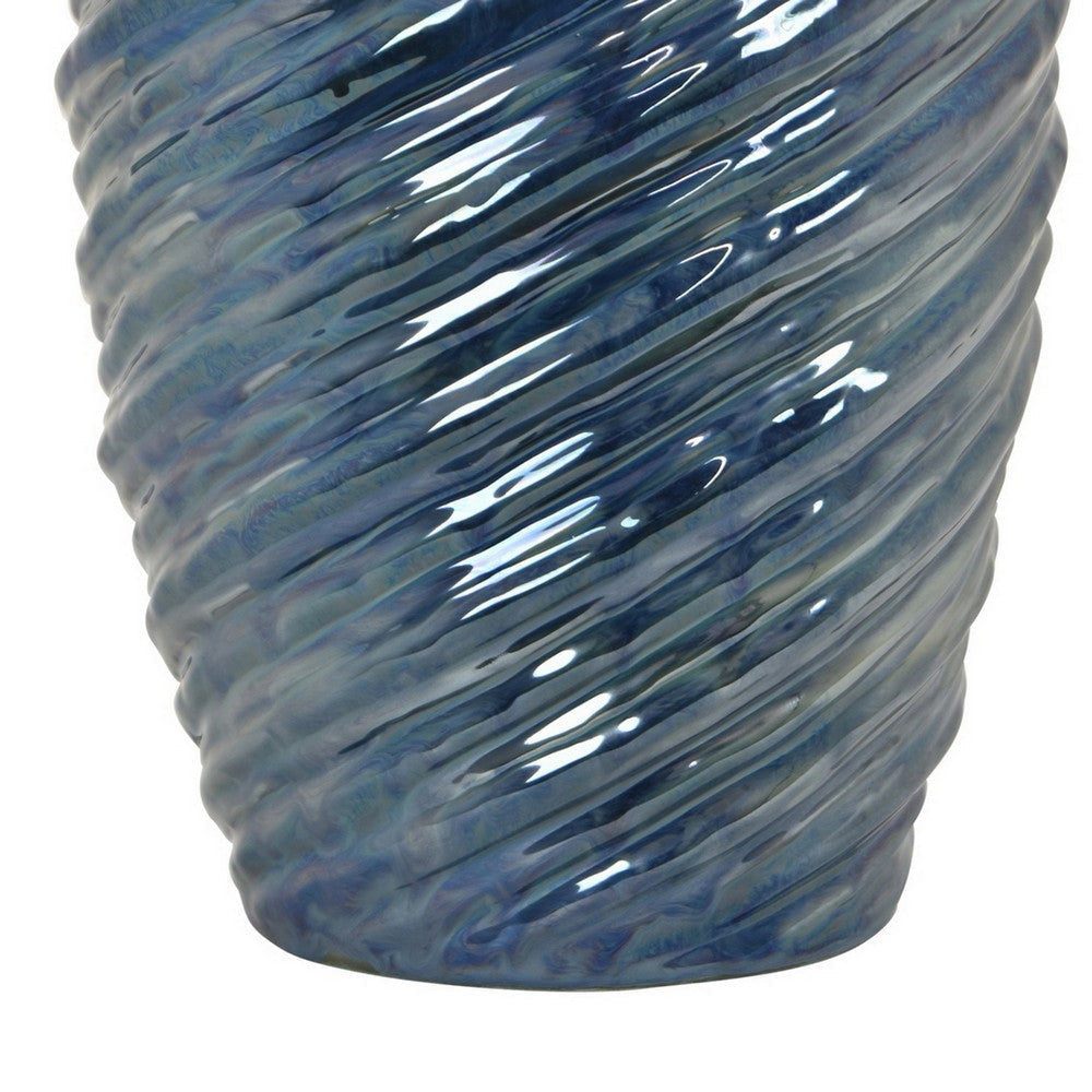 Avery Tall Modern Vase with Angled Spiral Design Blue Ceramic 17 Inch