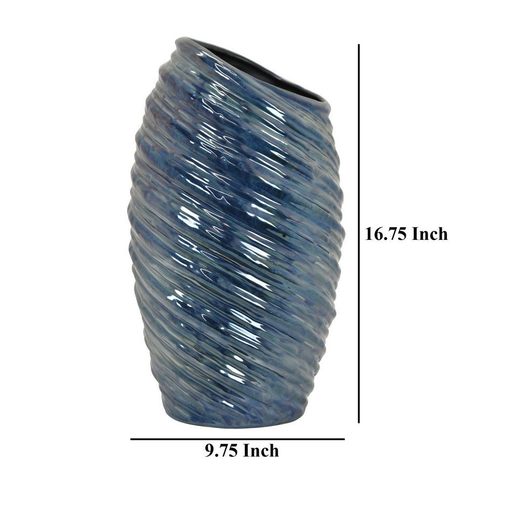 Avery Tall Modern Vase with Angled Spiral Design Blue Ceramic 17 Inch