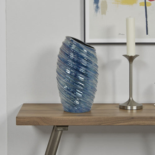 Avery Tall Modern Vase with Angled Spiral Design, Blue Ceramic 17 Inch