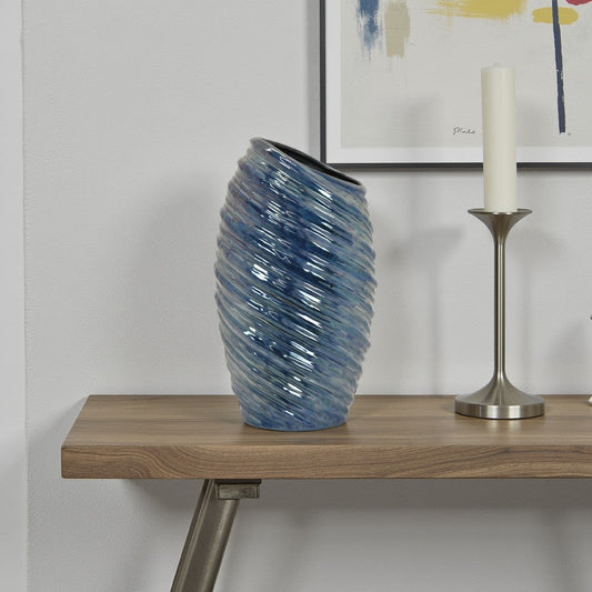 Avery Tall Modern Vase with Angled Spiral Design, Blue Ceramic 17 Inch