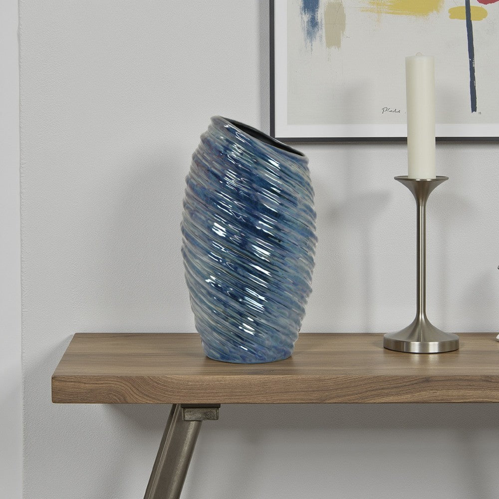 Avery Tall Modern Vase with Angled Spiral Design, Blue Ceramic 17 Inch