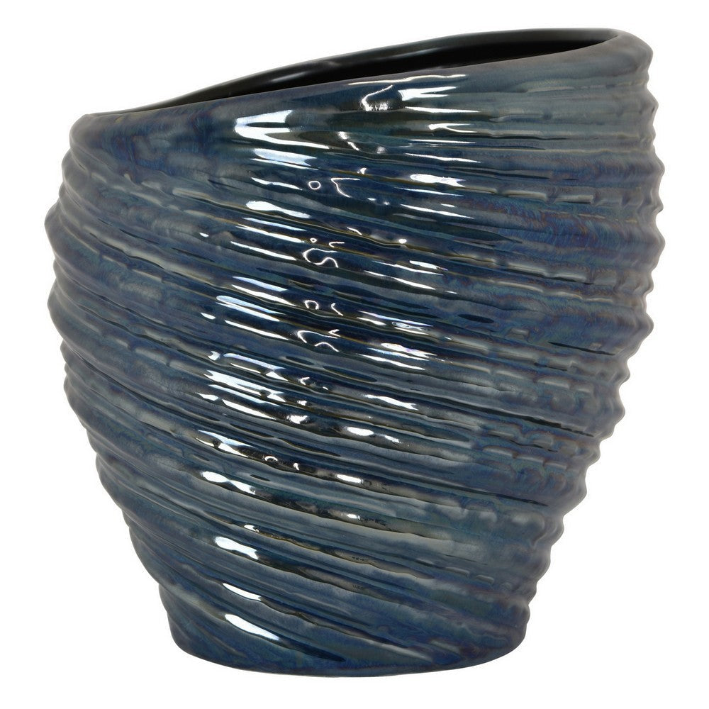 Avery Round Modern Vase Spiral Turned Design Blue Ceramic 17 Inch