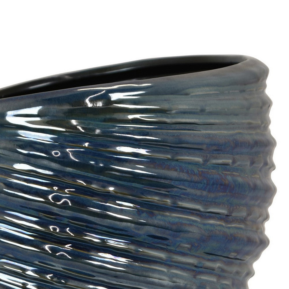 Avery Round Modern Vase Spiral Turned Design Blue Ceramic 17 Inch