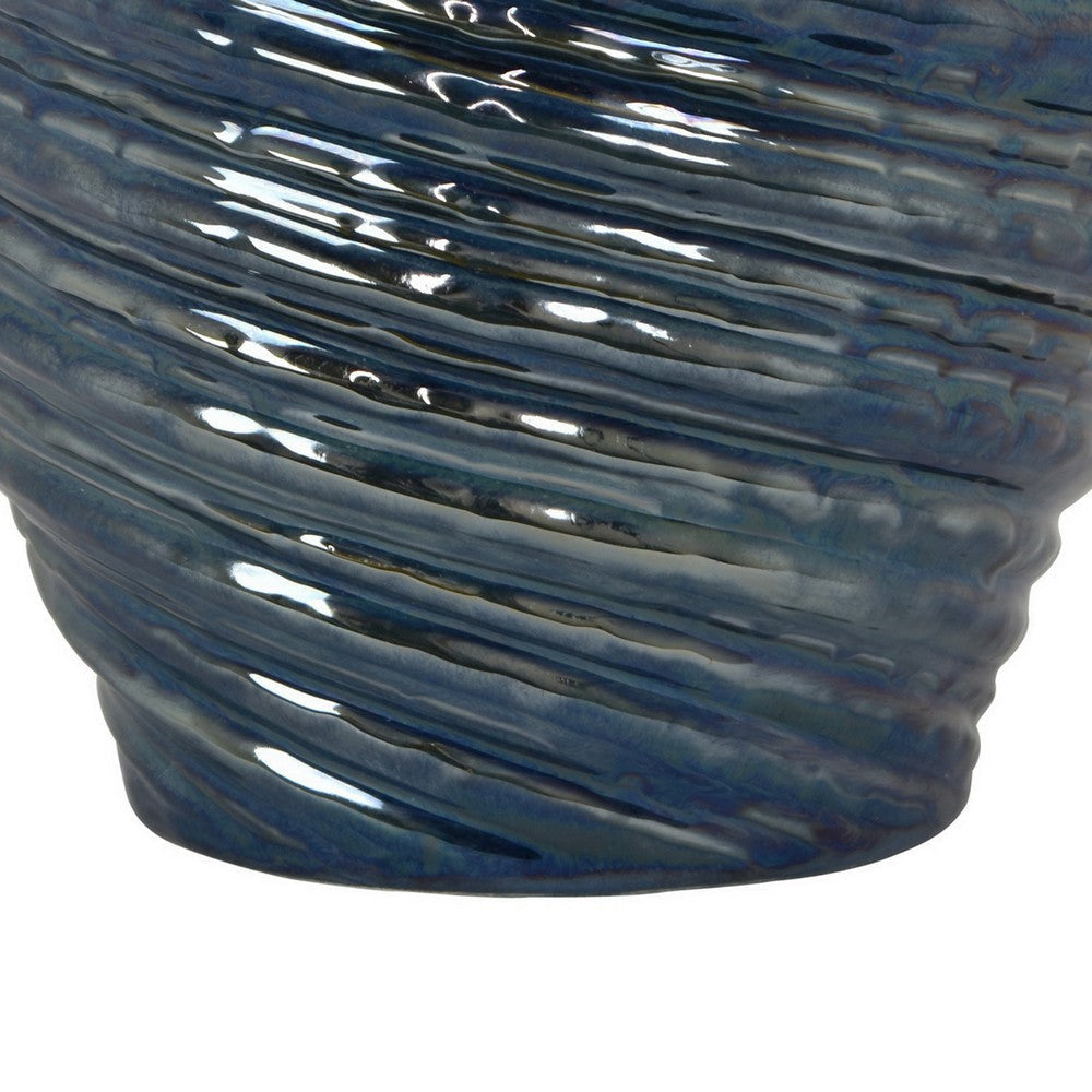 Avery Round Modern Vase Spiral Turned Design Blue Ceramic 17 Inch