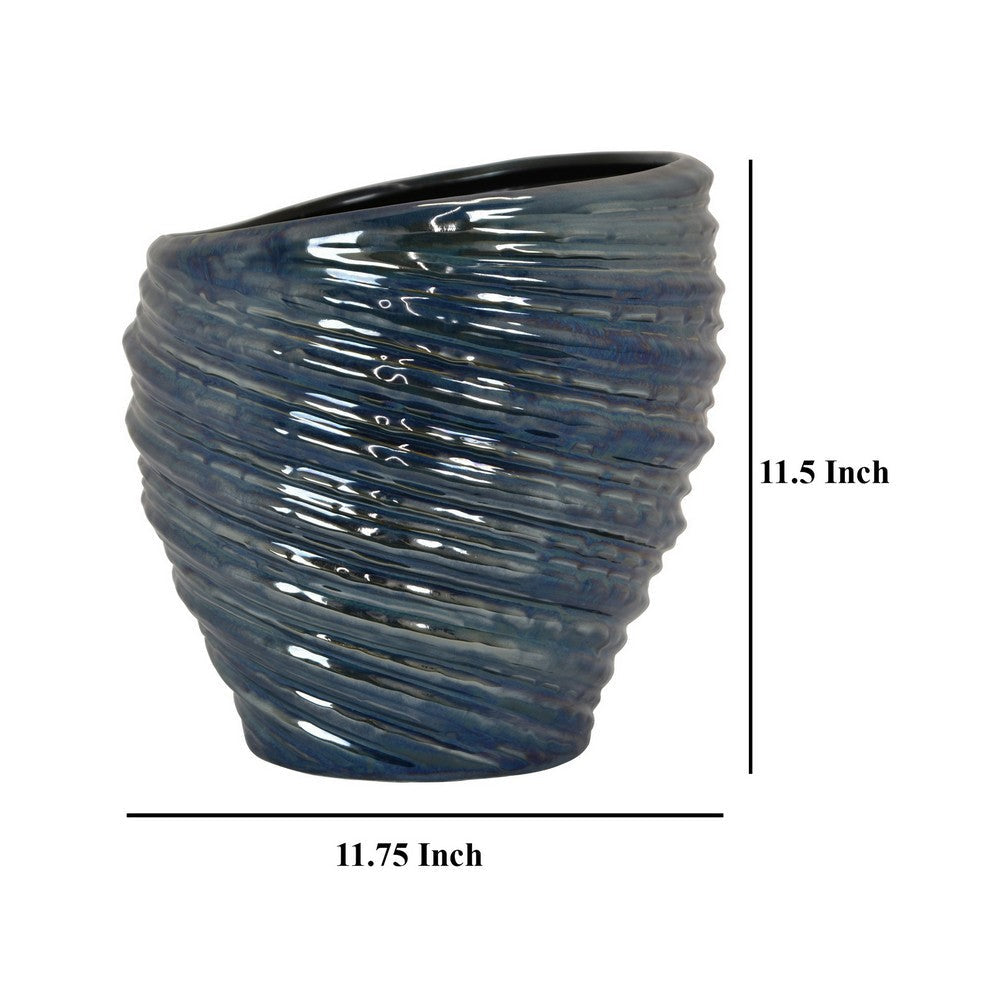 Avery Round Modern Vase Spiral Turned Design Blue Ceramic 17 Inch