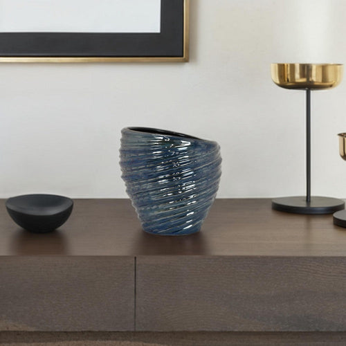 Avery Round Modern Vase, Spiral Turned Design, Blue Ceramic 17 Inch