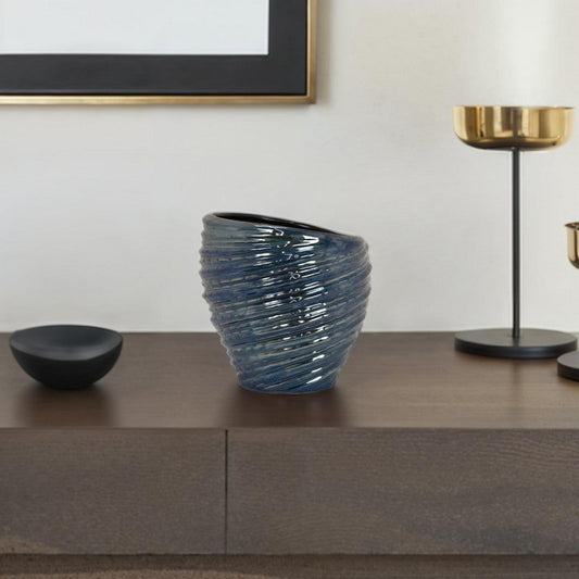 Avery Round Modern Vase, Spiral Turned Design, Blue Ceramic 17 Inch