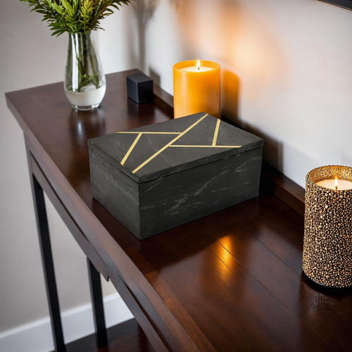 Axel Decorative Storage Box, Gold Geometric Inlay, Black Marble 9 Inch