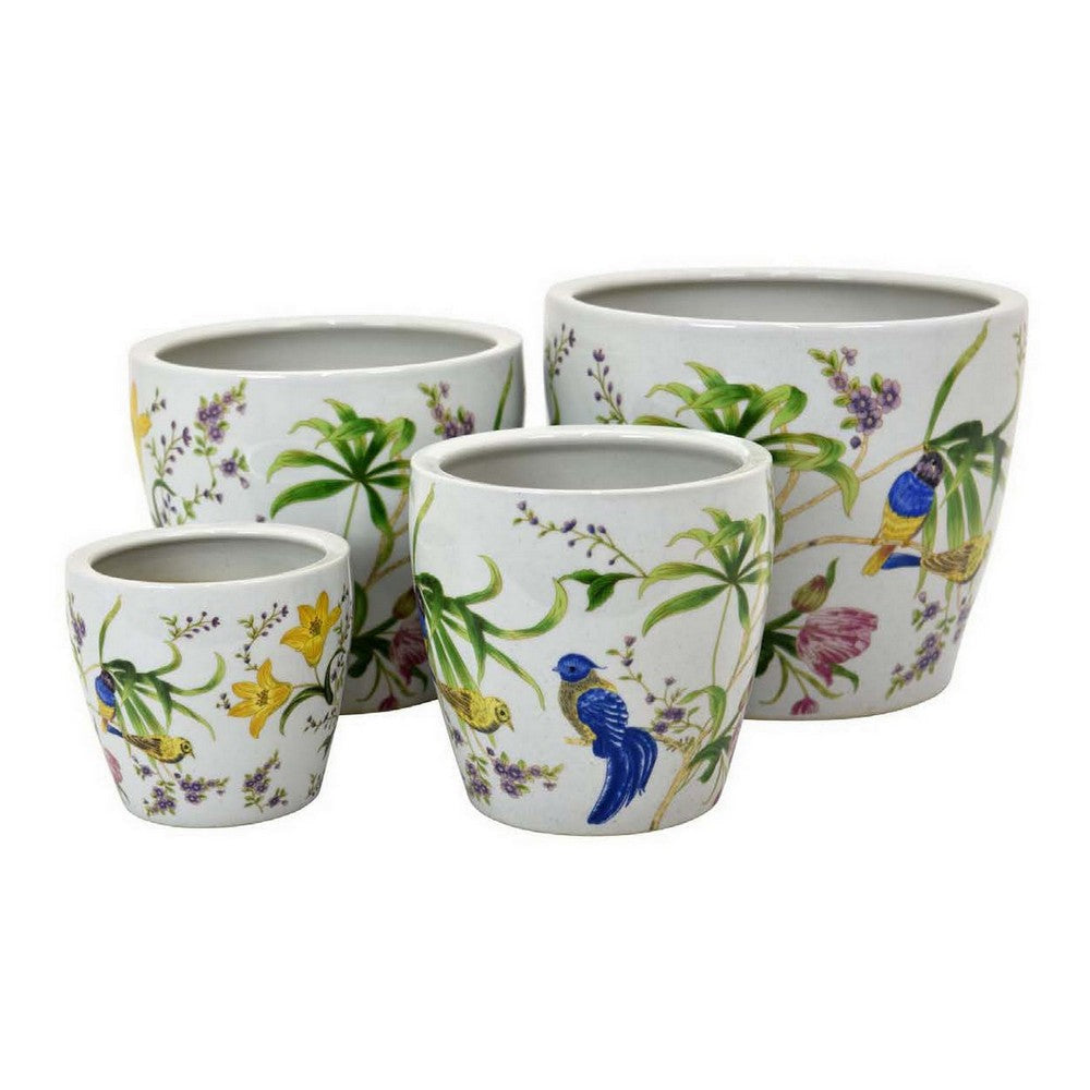 Kerry Planter Pot Set of 4 Floral Bird Pattern White Green Ceramic BM330176