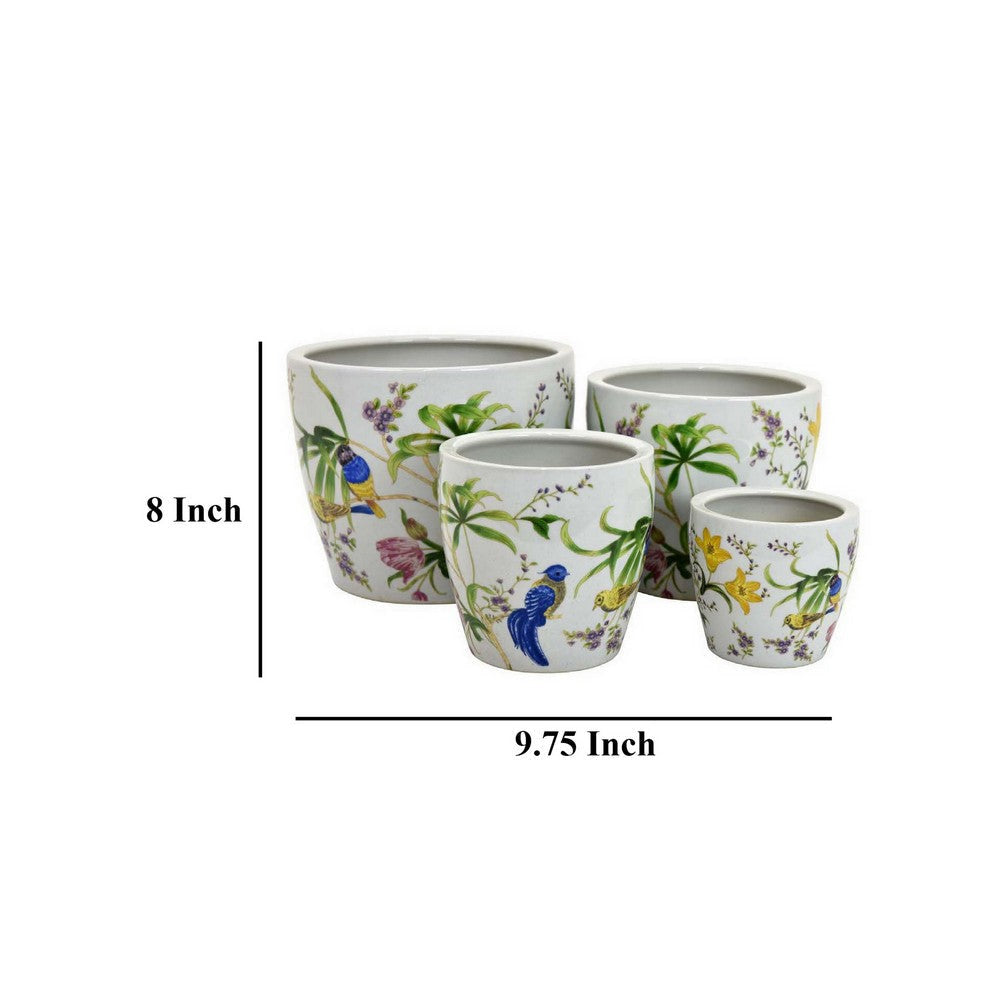Kerry Planter Pot Set of 4 Floral Bird Pattern White Green Ceramic BM330176