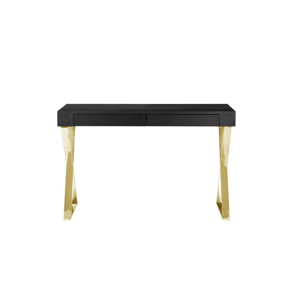 Ada Office Desk 2 Drawers Black Wood and Gold X Steel Legs 47 Inch