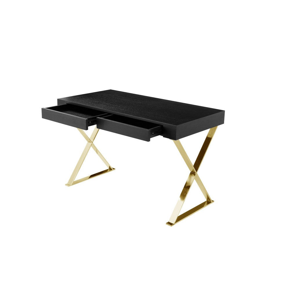 Ada Office Desk 2 Drawers Black Wood and Gold X Steel Legs 47 Inch