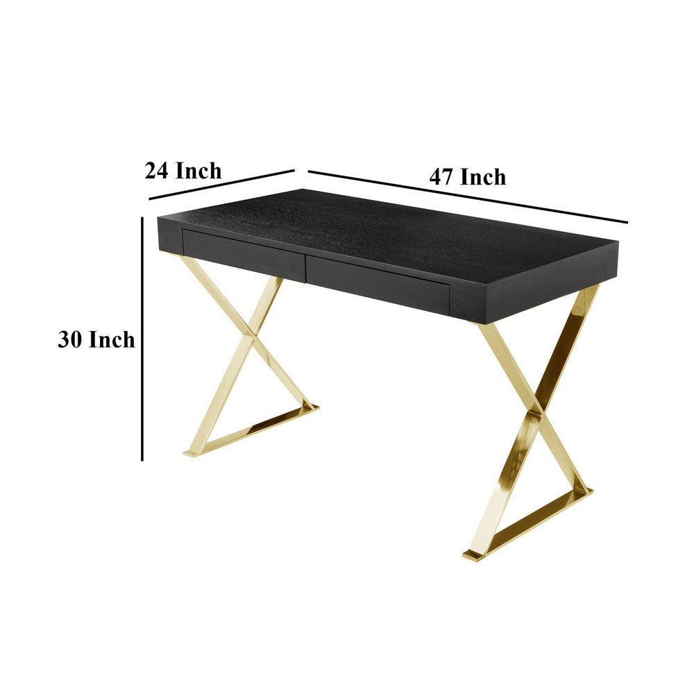 Ada Office Desk 2 Drawers Black Wood and Gold X Steel Legs 47 Inch