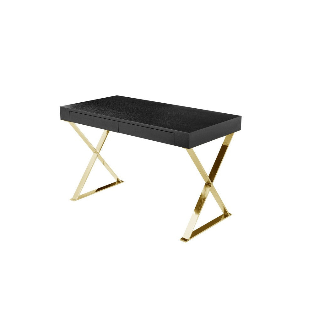 Ada Office Desk, 2 Drawers, Black Wood and Gold X Steel Legs, 47 Inch