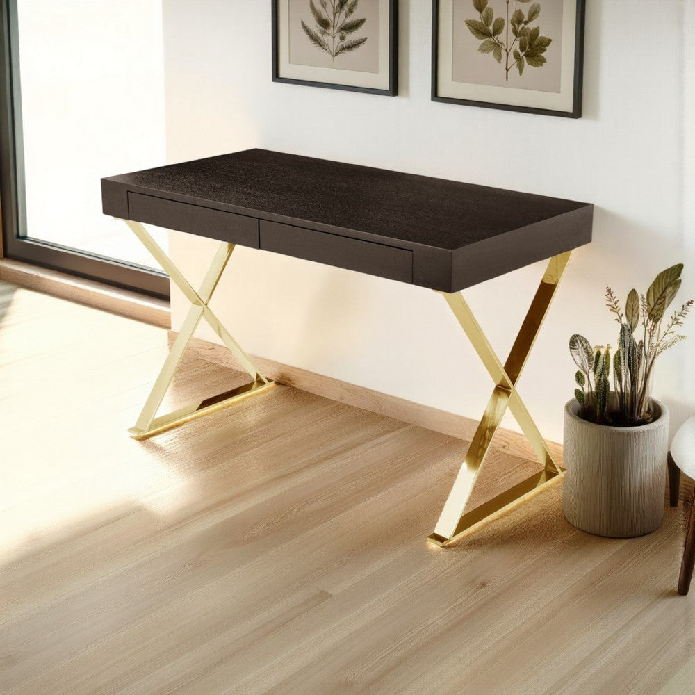 Ada Office Desk, 2 Drawers, Espresso Brown, Gold X Steel Legs, 47 Inch
