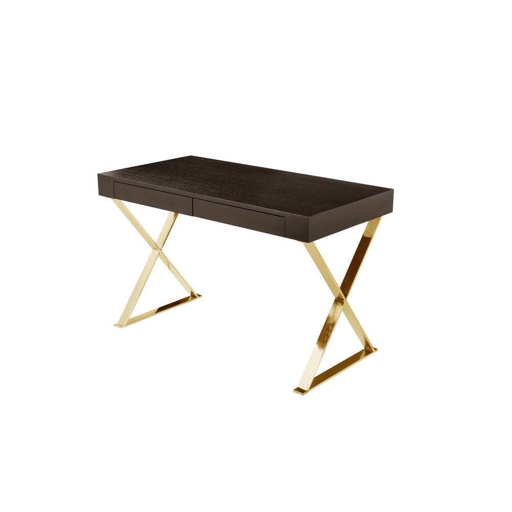Ada Office Desk, 2 Drawers, Espresso Brown, Gold X Steel Legs, 47 Inch