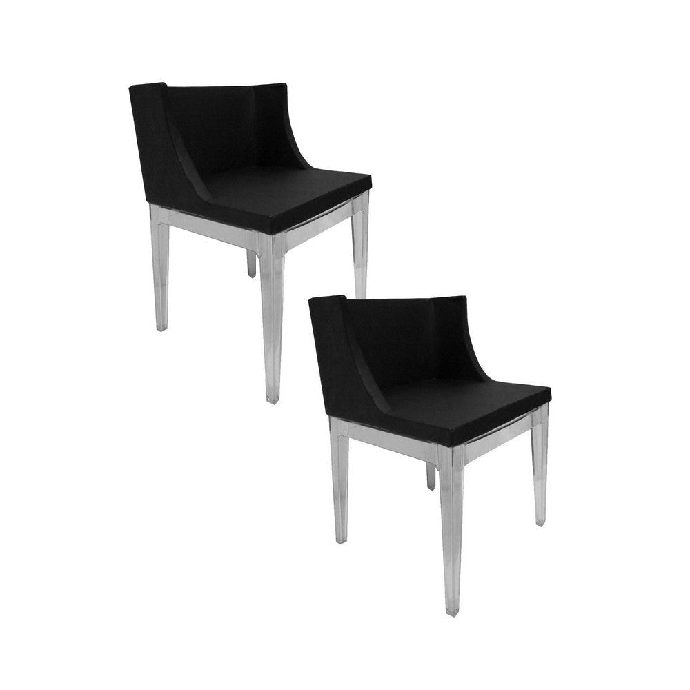 Side Dining Chair Set of 2, Black Faux Leather Seat, Clear Frames
