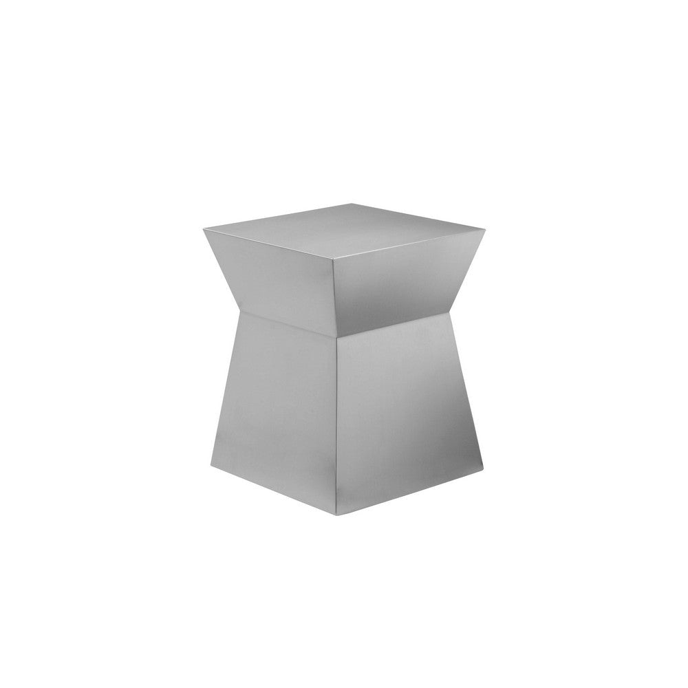 Side End Table, Hourglass Shaped Plinth, 16 Inch Square Brushed Steel