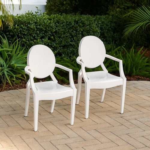 Lily Outdoor Dining Armchairs Set of 4, Round Backrest, White Plastic