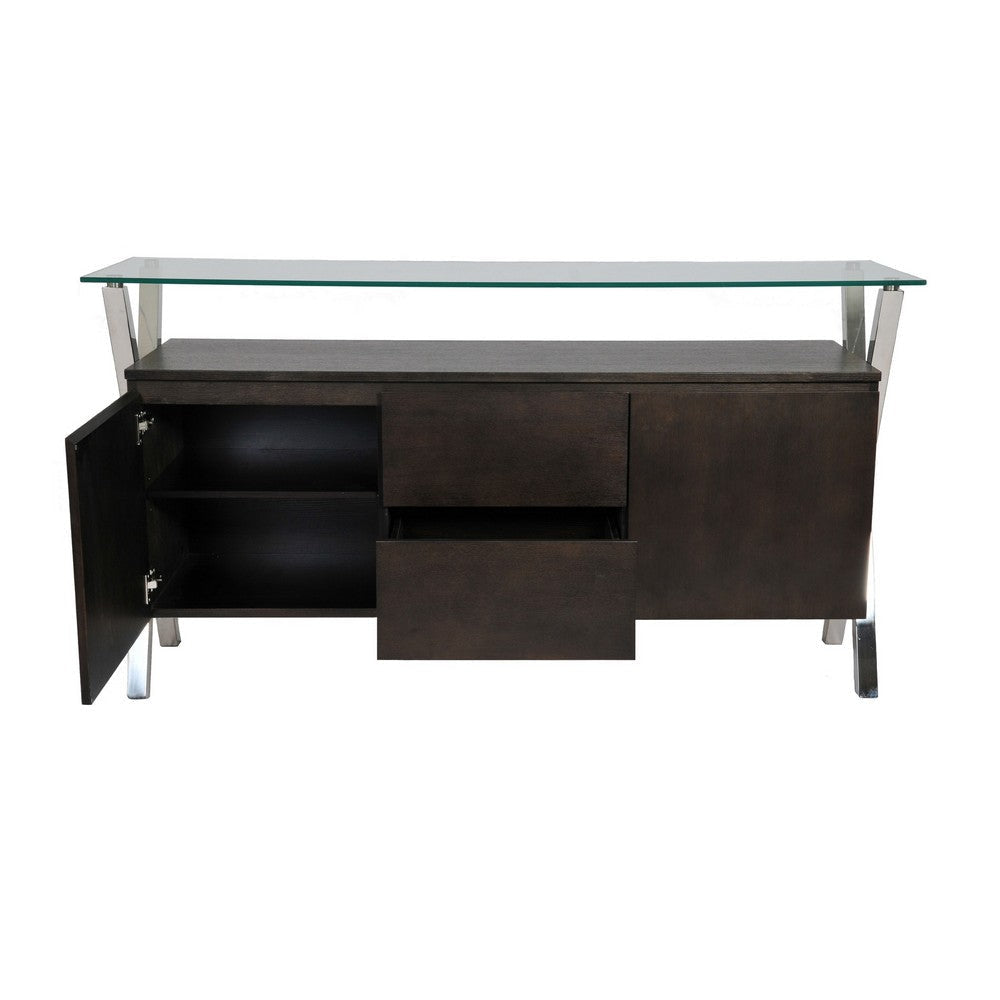 Tia Sideboard Buffet Console 2 Doors Chrome and Glass Brown 63 Inch BM330196