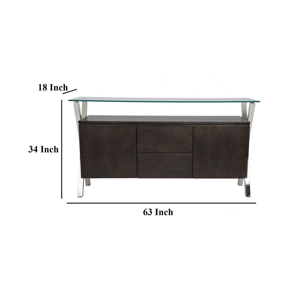 Tia Sideboard Buffet Console 2 Doors Chrome and Glass Brown 63 Inch BM330196