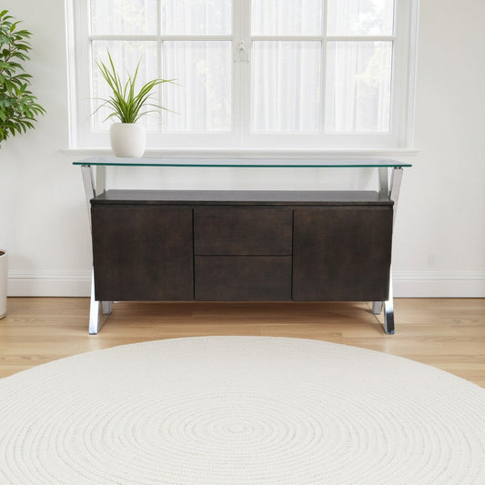 Tia Sideboard Buffet Console, 2 Doors, Chrome and Glass, Brown 63 Inch