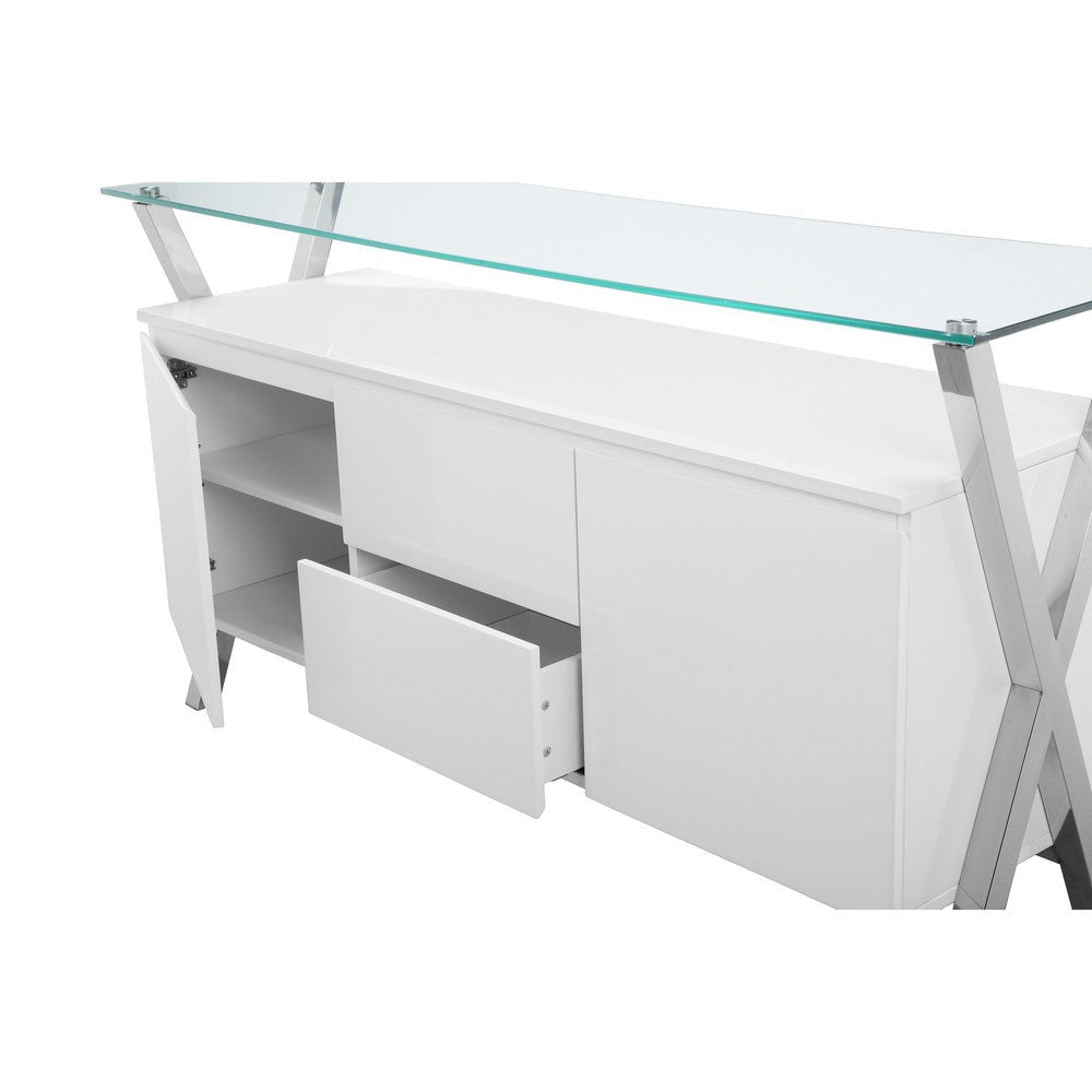 Tia Sideboard Buffet Console 2 Doors Chrome and Glass White 63 Inch BM330197