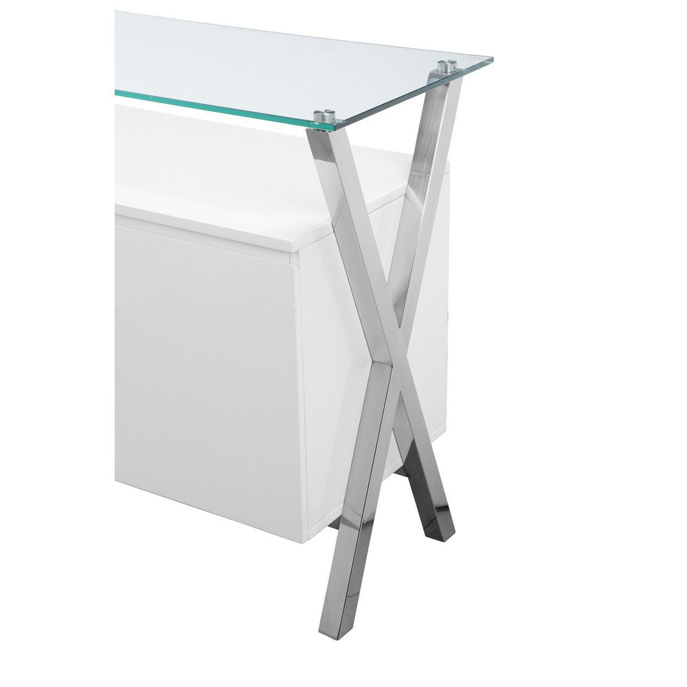 Tia Sideboard Buffet Console 2 Doors Chrome and Glass White 63 Inch BM330197