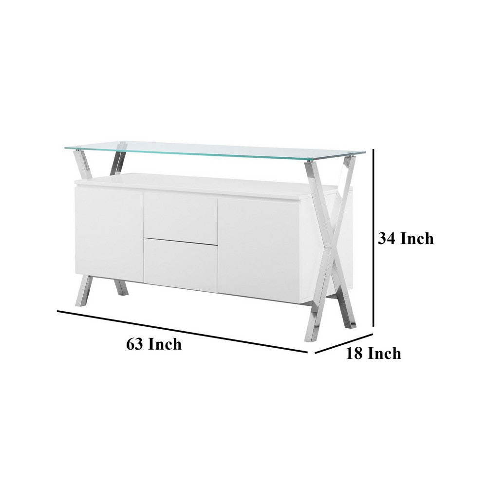 Tia Sideboard Buffet Console 2 Doors Chrome and Glass White 63 Inch BM330197