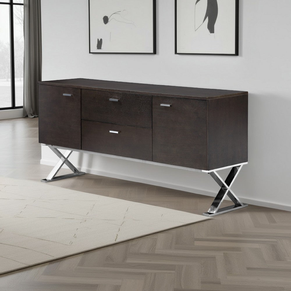 Rix Sideboard Buffet Console, 2 Door, X Chrome Legs, Brown 69 Inch