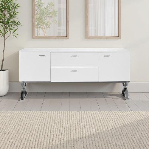 Rix Sideboard Buffet Console, 2 Door, X Chrome Legs, White 69 Inch