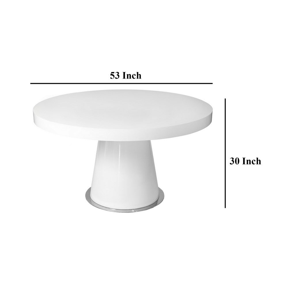 John Dining Table, 53 Inch Round Top, Modern Cone Base, White, Steel
