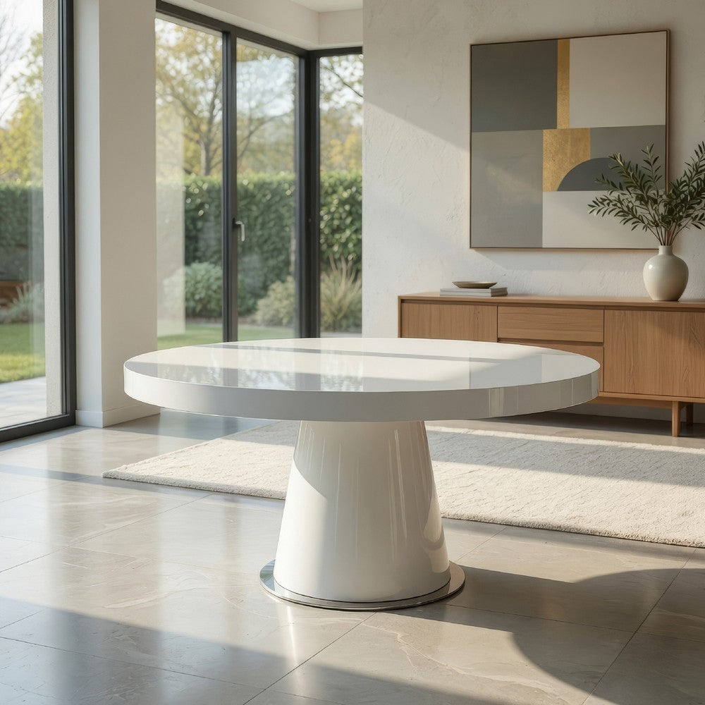 John Dining Table, 53 Inch Round Top, Modern Cone Base, White, Steel