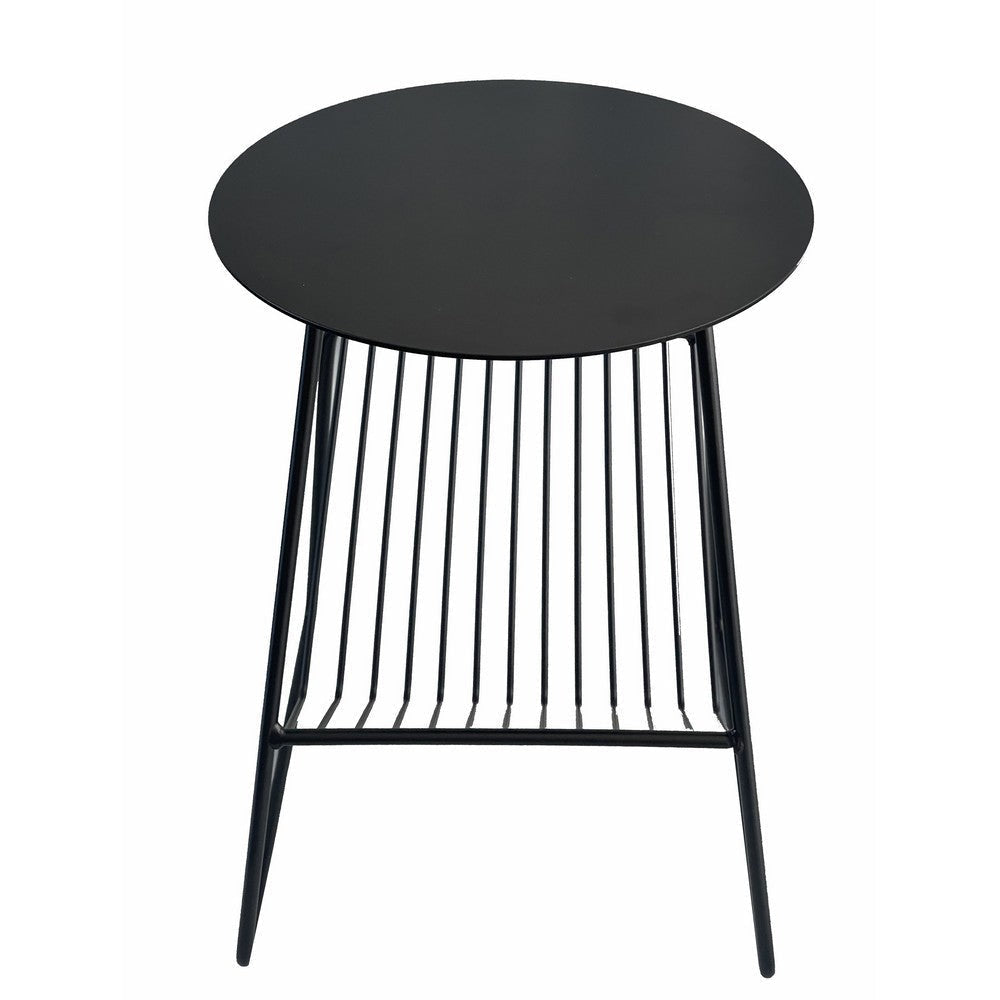 Zeo Side End Table w Magazine Rack 14 Inch Round Top Black Metal BM330202