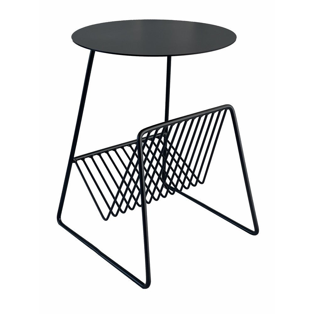 Zeo Side End Table w Magazine Rack 14 Inch Round Top Black Metal BM330202