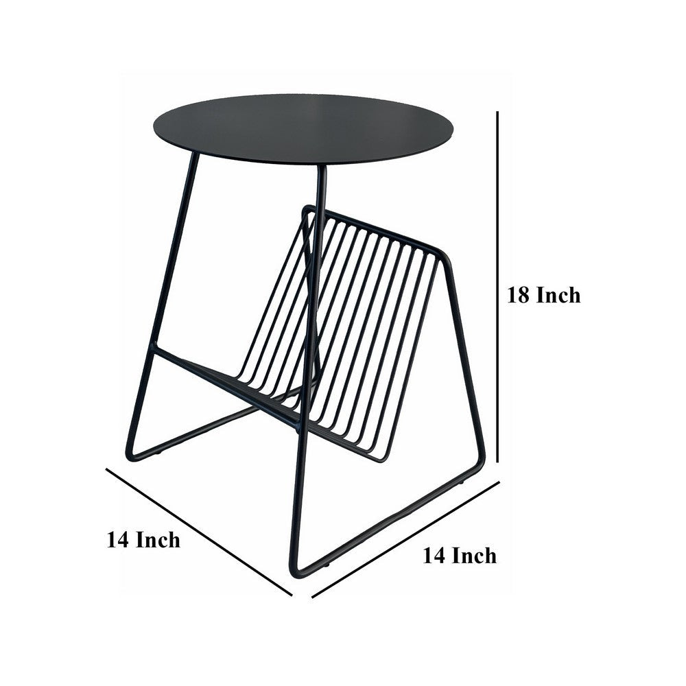 Zeo Side End Table w Magazine Rack 14 Inch Round Top Black Metal BM330202