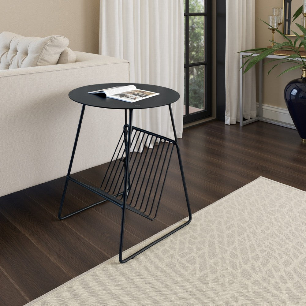Zeo Side End Table w Magazine Rack, 14 Inch Round Top, Black Metal