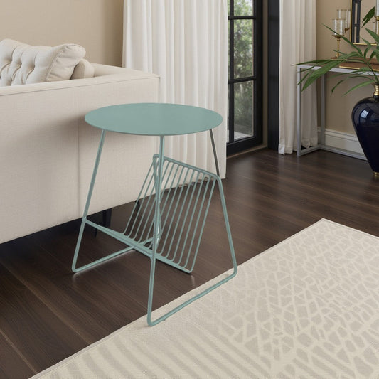 Zeo Side End Table w Magazine Rack, 14 Inch Round Top, Sage Green
