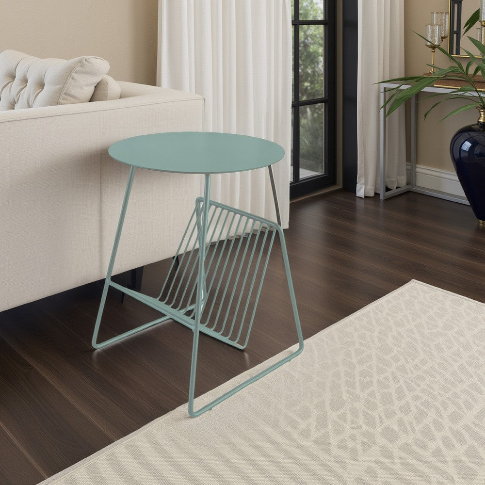 Zeo Side End Table w Magazine Rack, 14 Inch Round Top, Sage Green