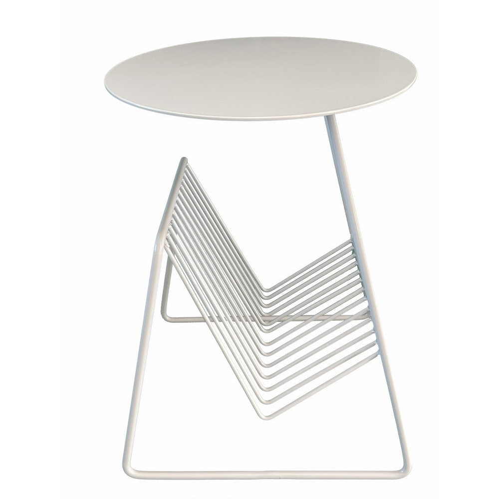 Zeo Side End Table w Magazine Rack 14 Inch Round Top White Metal BM330204