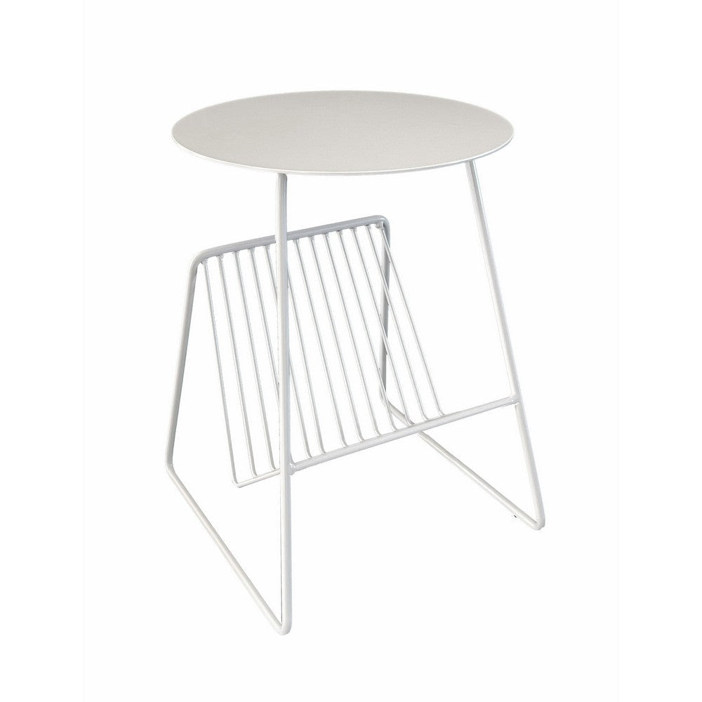 Zeo Side End Table w Magazine Rack 14 Inch Round Top White Metal BM330204