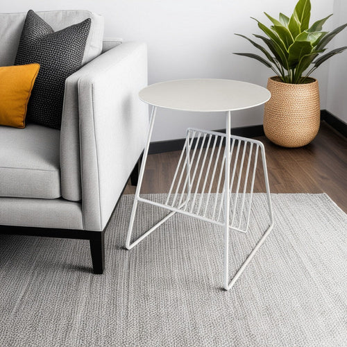 Zeo Side End Table w Magazine Rack, 14 Inch Round Top, White Metal