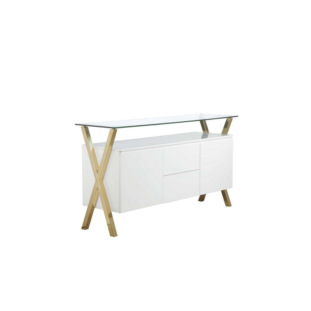 Tia Sideboard Buffet Console 63 Inch Glass Top White Lacquer Gold BM330205