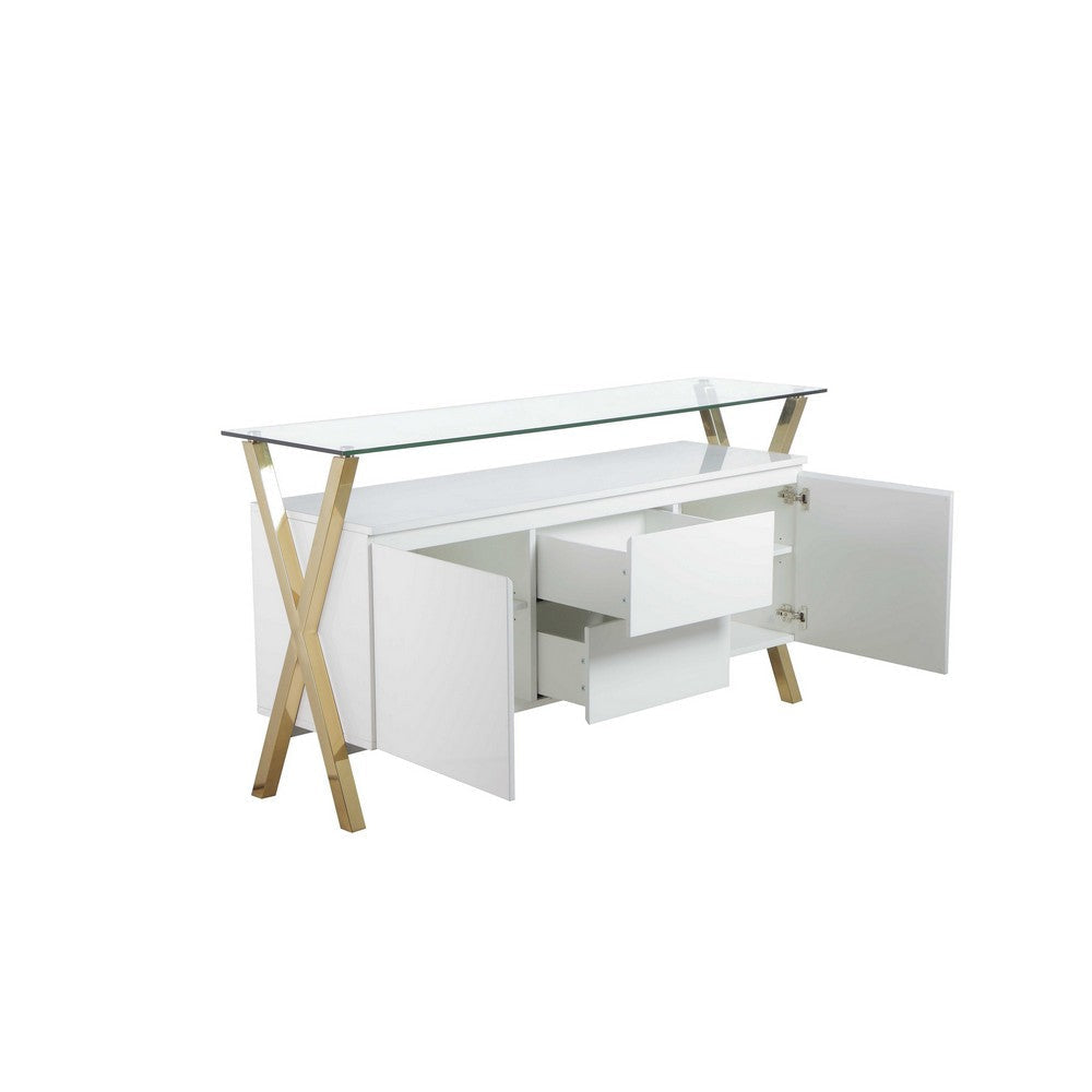 Tia Sideboard Buffet Console 63 Inch Glass Top White Lacquer Gold BM330205