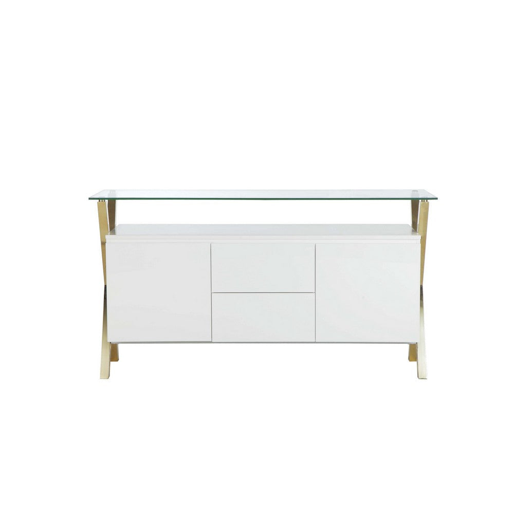 Tia Sideboard Buffet Console, 63 Inch Glass Top, White Lacquer, Gold